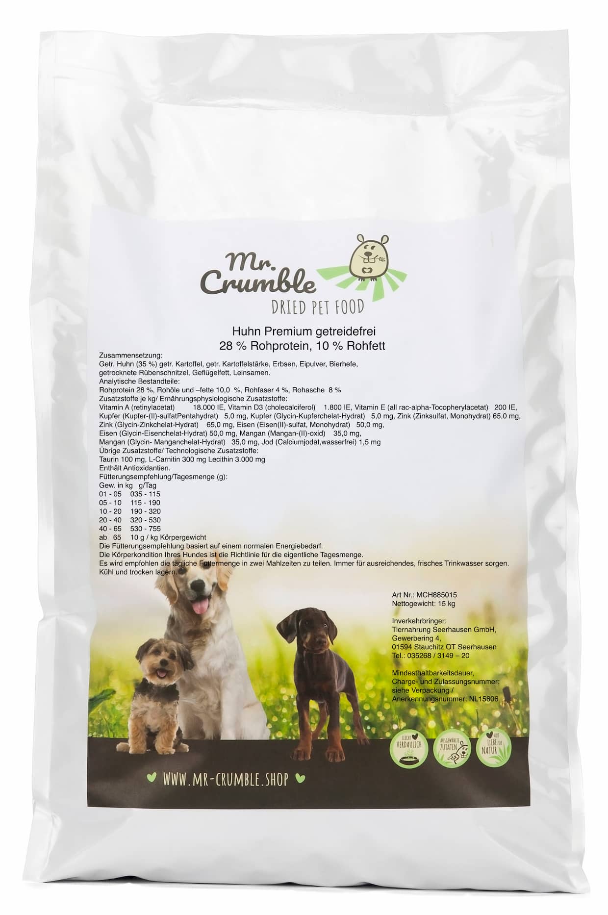 Verpackungsrückseite Hundefutter mit Huhn, glutenfrei