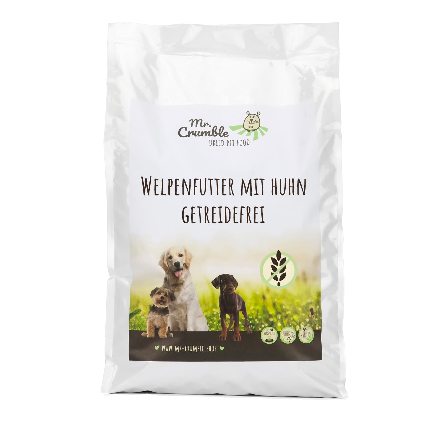 Proben Welpenfutter mit Huhn und Krauetern Schuettung MEtikett
